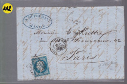 Un Timbre N° 14 Napoléon III     20 C   Bleu  Sur Lettre    Pour  Paris      1859 - 1853-1860 Napoleone III