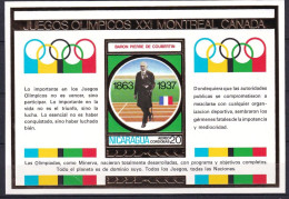 1976 Montreal Olympic Games  Coubertin NICARAGUA Block S/S MNH Gold Imperforate - Sommer 1976: Montreal