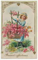 4150 - Fillette - Panier De Fleurs - Souvenir Affectueux " En Relief" - Dessins D'enfants