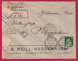 SUISSE RECOMMANDE PORRENTRUY 1917 WW1 CENSURE CENSOR MULHOUSE HAUT RHIN ALSACE LORRAINE  LETTRE - Storia Postale