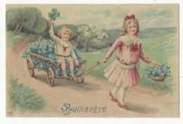 2187 - Enfants - Charrette De Fleurs - Bonne Fête - Carte Brillante - Dibujos De Niños