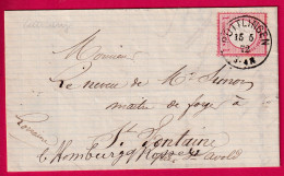 ALSACE LORRAINE PUTTLINGEN PUTTELANGE MOSELLE 1872 POUR ST FONTAINE HOMBOURG ETIQUETTE PUB AU DOS LETTRE - Storia Postale