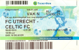 Fußball Eintrittskarte Ticket FC Utrecht Vs Celtic Glasgow 28.8.2010 Galgenwaard UEFA Europa League Scotland Schottland - Toegangskaarten