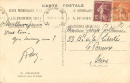 OBLITERATION MECANIQUE - CHAMONIX MONT BLANC - JEUX MONDIAUX SKI - F.I.S FEVRIER 1937 - Mechanical Postmarks (Other)