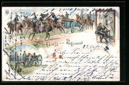 Lithographie Regiment Zu Pferd Reitet Ins Gefecht, Artilleriegeschütz  - Guerra 1914-18