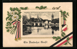 AK Merseburg, Saalepartie M. Kgl. Schloss Und Waterloobrücke, Patriotik, Eichenlaub  - Merseburg