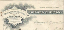 FACTURE ANCIENNE 1914 GIRARD CLAUDON FROMAGERIE DE GRUYERE / CLAIRVEAUX JURA - Fatture
