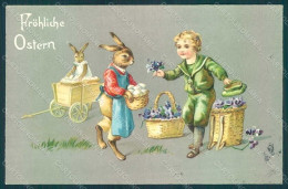 Greetings Easter Anthropomorphic Dressed Hare Child Egg Violets Relief Pc HR0218 - Other & Unclassified