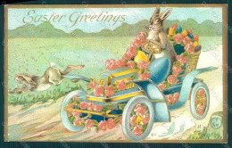 Greetings Easter Anthropomorphic Hare Egg Car Roses Serie 7049 Relief Pc HR0050 - Other & Unclassified