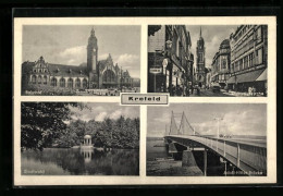 AK Krefeld, Vor Dem Bahnhof, Vor Der Dionysiuskirche, Die Brücke, Pavillon Im Stadtwald  - Krefeld