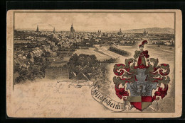 Passepartout-Lithographie Hildesheim, Panoramaansicht Und Wappen  - Hildesheim