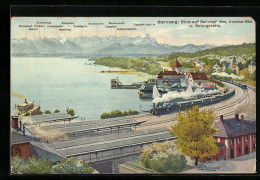 Künstler-AK Starnberg, Blick Auf Bahnhof, See, Undosa-Bad U. Gebirgskette  - Starnberg