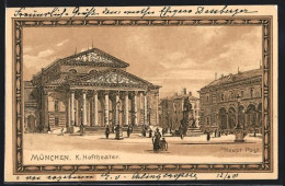 Lithographie München, K. Hoftheater Mit Hauptpost Und Denkmal  - Theatre