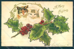 Greetings Christmas Cat Holly Relief CORNER CREASED Postcard HR0383 - Sonstige & Ohne Zuordnung