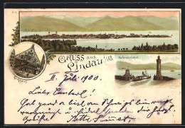 Lithographie Lindau I. B., Rathhaus, Hafeneinfahrt, Bodensee Mit Bergpanorama  - Lindau A. Bodensee