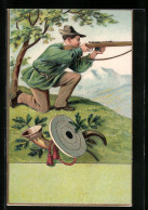 AK Schütze Mit Hut Beim Zielen, Zielscheibe Und Horn  - Hunting
