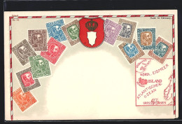 AK Island, Landkarte Mit Norwegen, Grönland Und Grossbritannien, Briefmarken Und Wappen  - Briefmarken (Abbildungen)