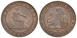 GOBIERNO PROVISIONAL. 2 Céntimos. 1870. Barcelona OM. Cal-26. Ae. 2,06g. BC+. - Monedas Provinciales