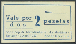 Vale De 2 Pesetas De TORREDEMBARRA Emitido El 19 De Abril De 1939 Por La Socied - Sonstige & Ohne Zuordnung