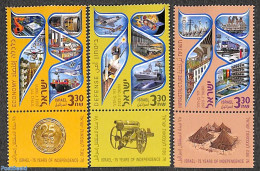 Israel 2023 75 Years Israel 3v, Mint NH, Science - Transport - Mining - Aircraft & Aviation - Railways - Ships And Boa.. - Unused Stamps