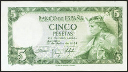 5 Pesetas. 22 De Julio De 1954. Serie U. (Edifil 2021: 466a). Apresto Original. - Andere & Zonder Classificatie