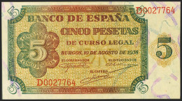 5 Pesetas. 10 De Agosto De 1938. Serie D. (Edifil 2021: 435a). Apresto Original - Autres & Non Classés