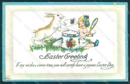 Greetings Easter Girl Make Up Puff Hare Serie 2607-2 TEARED Postcard HR0020 - Sonstige & Ohne Zuordnung