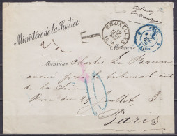 Env. En Franchise Càd BRUXELLES /19 DECE 1878 Pour PARIS Taxée 10c Au Passage (au Tampon Bleu, Rare !) - Cursive "Minist - 1869-1883 Leopold II.