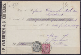 Reçu "JP Van Dieren & Cie Editeurs" Affr. N°39+46 (2 émissions) Càd ANVERS /18 FEVR 1886 Pour MALINES (au Dos: Càd MALIN - 1883 Leopoldo II