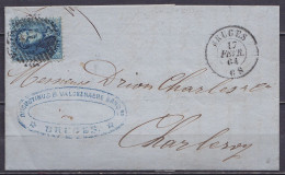 L. Affr. N°15 P23 Càd BRUGGES /17 FEVR. 1864 Pour CHARLEROY (au Dos: Càd Arrivée CHARLEROY) - 1863-1864 Medaillons (13/16)