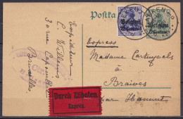 EP CP Postkarte 5c Vert (OC2) + OC4 Càpt LAEKEN 1D /6 VIII 1915 En Exprès Pour BRAIVES Par Hannut - Cachet Oval Censure  - Deutsche Besatzung