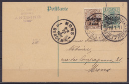 EP CP Postkarte 5c Vert (OC12) + OC11 De Antoing Càpt "POSTUBERWASSHUNGSSTELLE TOURNAI /19.1.1917" Pour MONS - Deutsche Besatzung