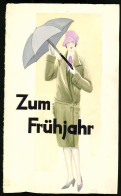 Aquarellmalerei Frühjahrsmode, Junge Frau Im Grünen Mantel Mit Lila Hut Und Regenschirm, Zum Frühjahr, 20 X 33cm  - Drawings