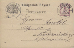 Bayern Postkarte Ziffer 5 Pf Lila DV 89: ROSENHEIM  - 2.1.1890 Nach Niederaudorf - Enteros Postales