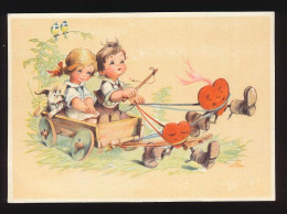 CPSM 10,5 X 15 Illustrateur Couple Enfant Amoureux Dans Une Carriole Tirée Par Deux Cœurs Chien - 1900-1949