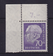 Bundesrepublik 1958 Theodor Heuss 70 Pf Mi.-Nr. 263 X W Eckrandstück OL **  - Unused Stamps