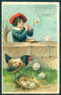 Artist Signed Child Boy Hen Bubble Blower Easter Greetings Relief Pc HR0569 - Autres & Non Classés