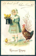 Artist Signed Child Girl Egg Chick Hen Easter Greetings Relief Postcard HR0542 - Autres & Non Classés