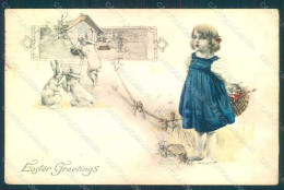 Greetings Easter Child Girl Hare Serie 130 Postcard HR0744 - Autres & Non Classés