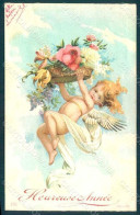 Greetings Angel Putto Art Nouveau Flowers Serie 101 Relief Postcard HR0486 - Sonstige & Ohne Zuordnung