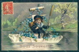 Greetings Child Boy Cat Boat Flowers Myosotis Serie 655 Relief Pc HR0605 - Altri & Non Classificati