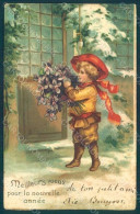 Greetings New Year Child Boy Violets Relief Postcard HR0583 - Altri & Non Classificati