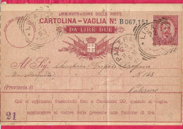 INTERO CARTOLINA-VAGLIA UMBERTO C.10 DA LIRE 2 (CAT. INT. 3Ba) -VIAGGIATA DA LICATA*22.11.93* - ANNULLO TONDO RIQUADRATO - Stamped Stationery