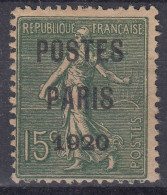 TIMBRE FRANCE PREOBLITERE SEMEUSE POSTES PARIS 1920 N° 25 UTILISE - COTE 130 € - 1893-1947