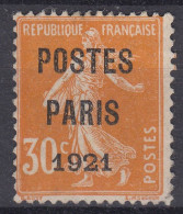 TIMBRE FRANCE PREOBLITERE SEMEUSE POSTES PARIS 1921 N° 29 UTILISE - COTE 90 € - 1893-1947