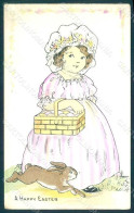 Greetings Easter Child Girl Rabbit Hand Painted Postcard HR0751 - Altri & Non Classificati