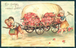 Greetings New Year Children Boy Girl Flowers Roses Relief Postcard HR0603 - Altri & Non Classificati