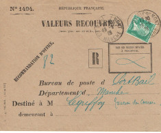 Tarifs Postaux France Du 09-08-1926 (103) Pasteur N° 174 30 C. Enveloppe Valeurs Recouvrées 18-06-1928 - 1922-26 Pasteur
