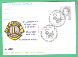 Repiquage "6^ ASSEMBLEA LIONS DI APERTURA DISTRETTO" CONEGLIANO 2001 Su Intero Postale Donne Nell'arte 800 Lire/0,41 € - Postwaardestukken
