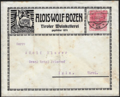 Autriche 1909. Entier Postal Timbré Sur Commande. Alois Wolf Bozen, Cave à Vin Du Tyrol, Vins En Bouteilles. RRR - Vini E Alcolici